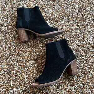 TOMS Majorca Peep Toe Booties Black Suede Stacked Heel